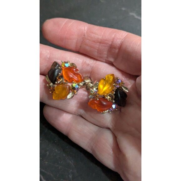 Vintage Lisner Clip-On Earrings Orange  Black Leaf Gold-Tone  Rhinestones MCM - Picture 3 of 8